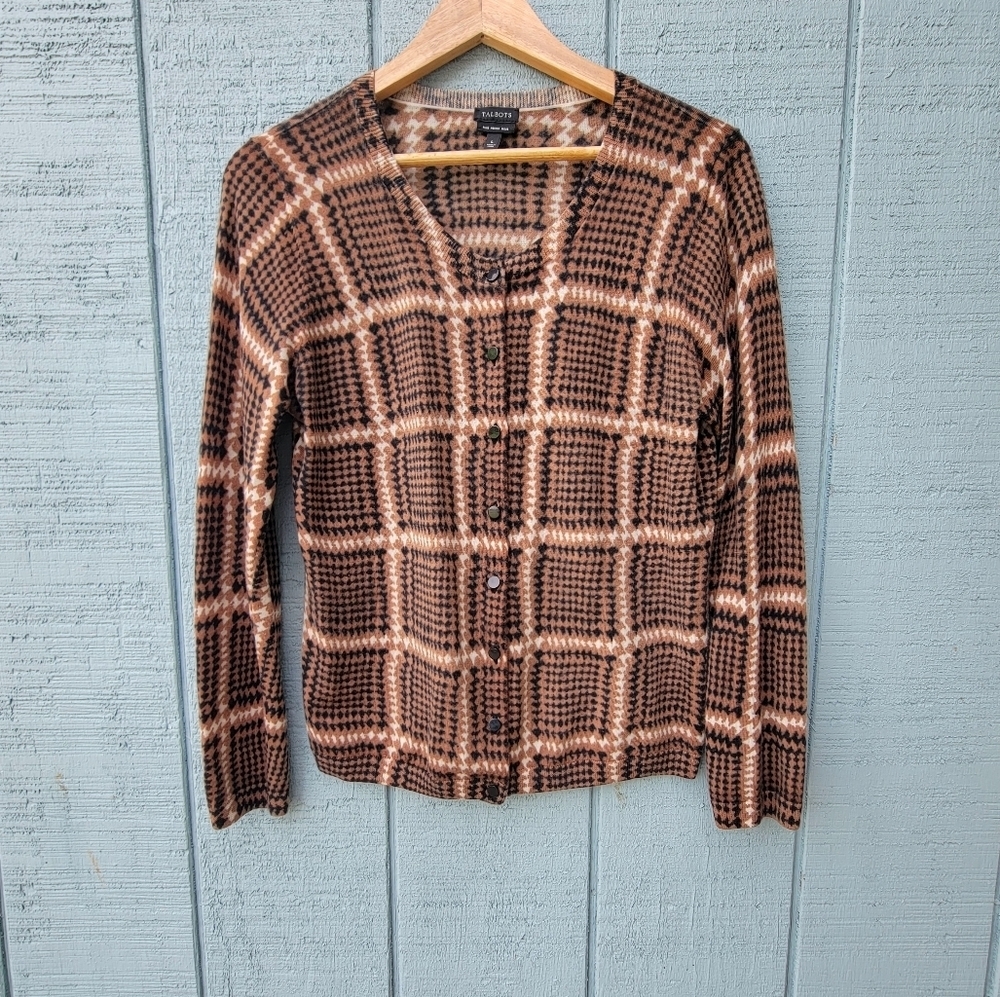 Talbots 100% Pure Merino Wool Plaid Houndstooth Print Cardigan sz L Brown Black